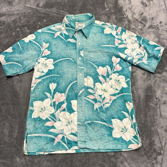 Vtg Kahala Hawaiian Shirt Mens L Blue, White Floral Print Button Up Vacation - Picture 1 of 9